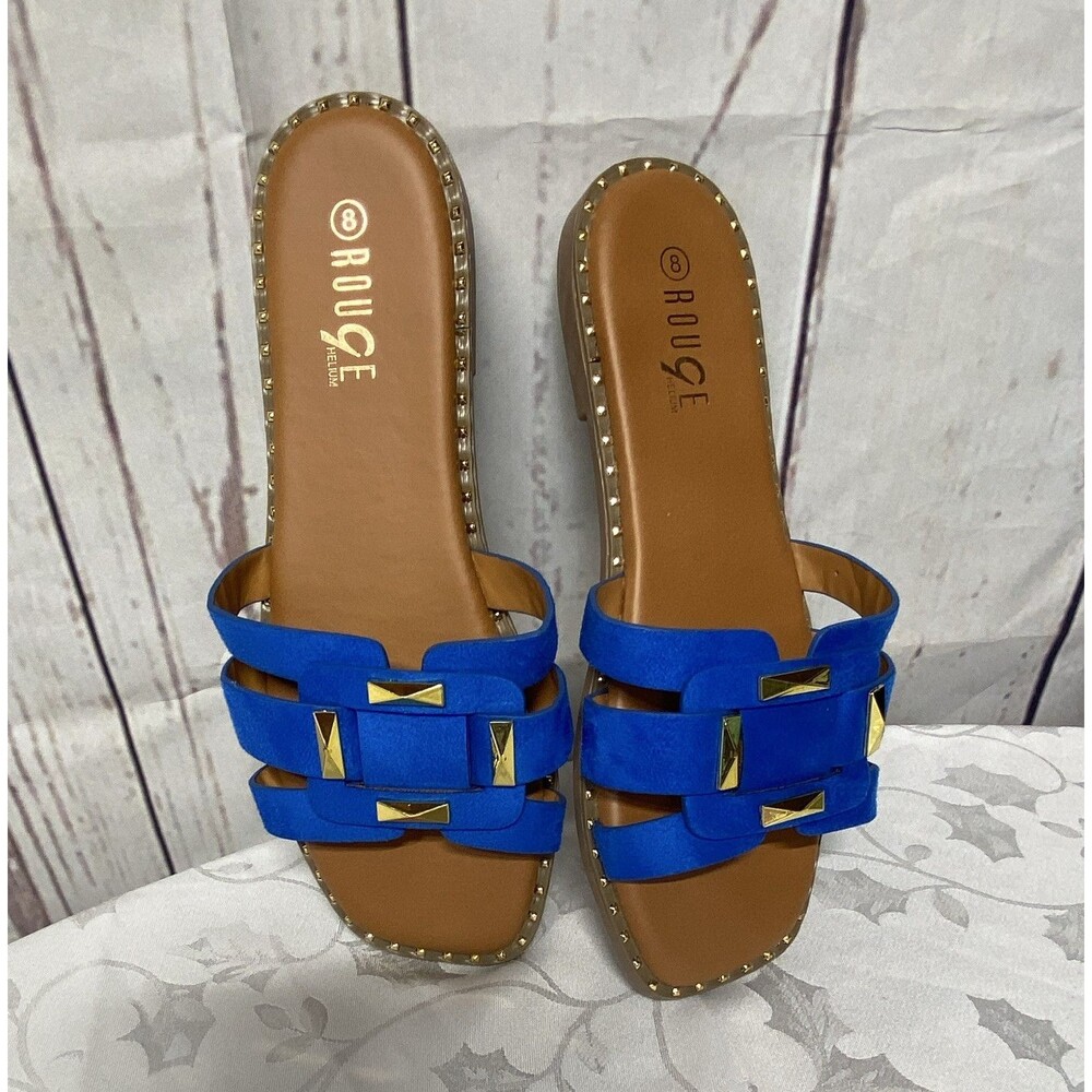 ROUGE Blue Strappy Slide Sandals Gold Studded Hardware Trim US 8 Women